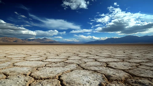 Dried polygonal desert floor extends toward distant mountains
