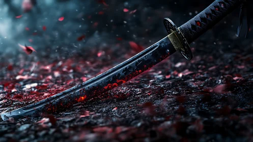 Bloodstained katana rests in crimson petals and misty gloom.