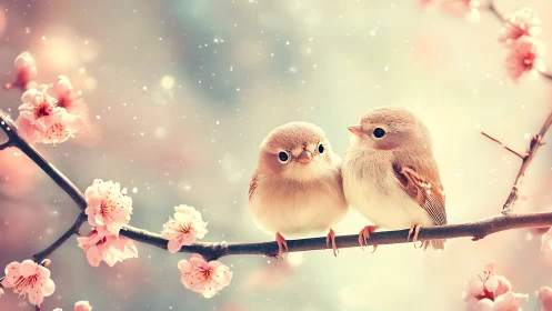 Two small birds on cherry blossom branch in soft light.