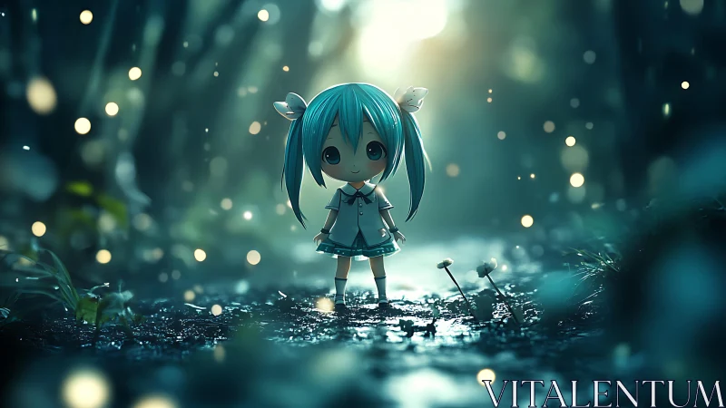 Small stylized figure stands in shallow forest water at dusk