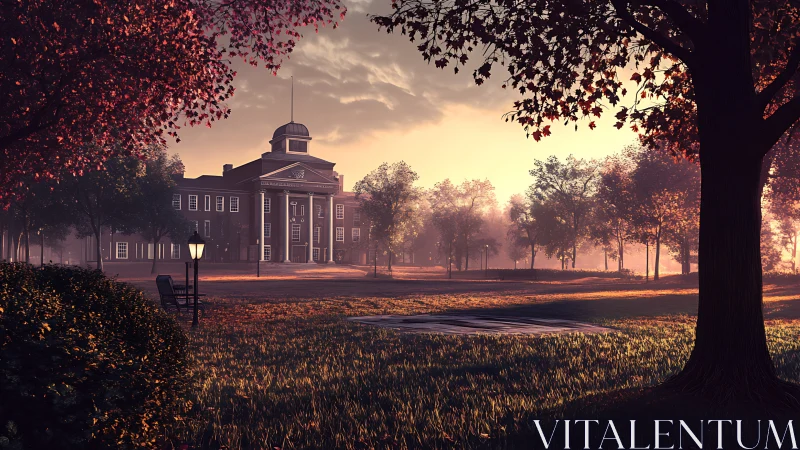 Neoclassical campus hall in warm autumn sunrise lighting.