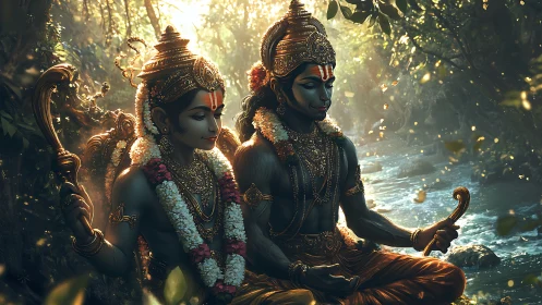 Divine warriors in forest meditation by a shimmering river.