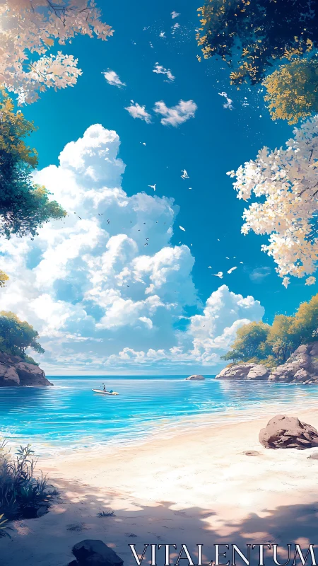 Coastal Landscape with Cumulus Formations Over Tropical Beach Composition.