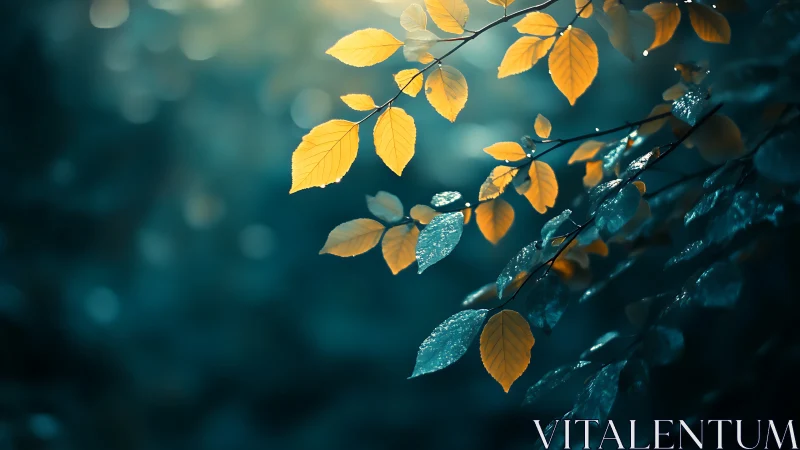Yellow and blue-toned leaves hang sharply against soft bokeh