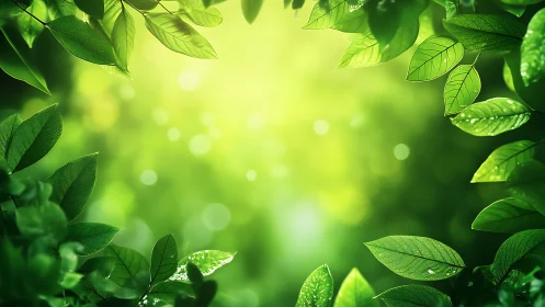Sunlit green leaves framing bright blurred forest background.