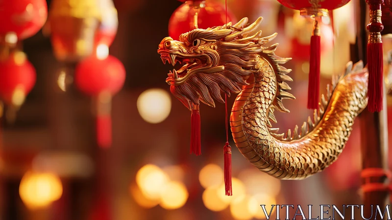 Photorealistic golden dragon lantern with festive bokeh depth.