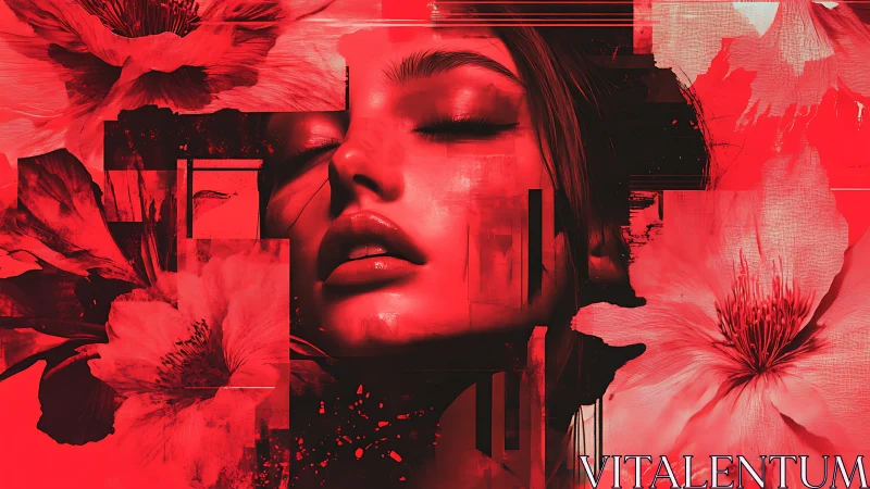 Red-toned digital portrait with floral and geometric overlays.