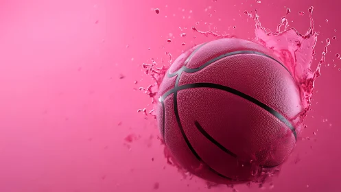 Photorealistic splash study of a vibrant pink basketball.