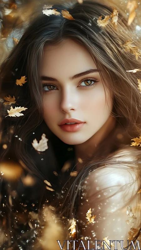 Autumnal portrait with hyperreal facial rendering and leaf dynamics.