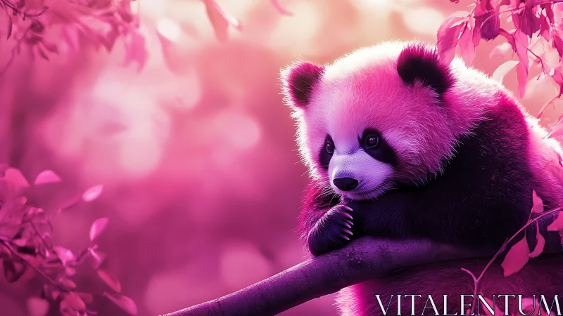 Dreamy pink forest with a thoughtful baby panda resting.