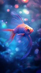 Neon dusk goldfish drifting through cosmic blue tides.