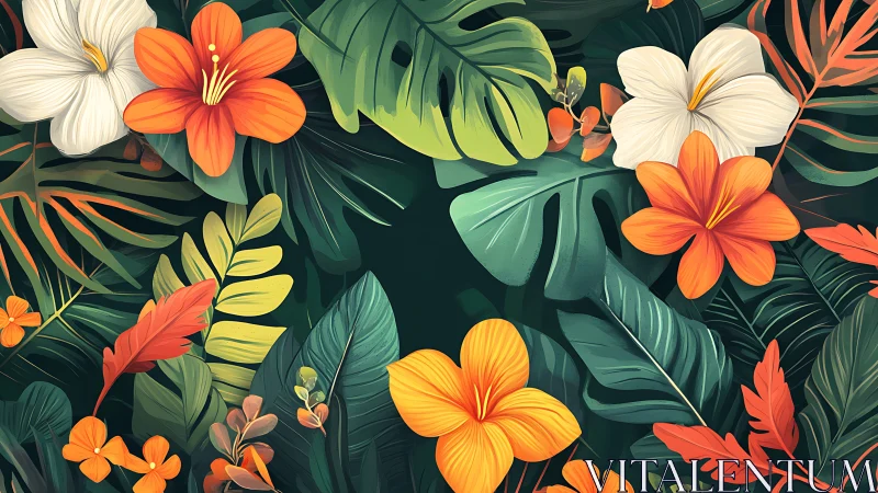 Tropical Floral Composition With Layered Botanical Elements and Saturated Chromatic Palette
