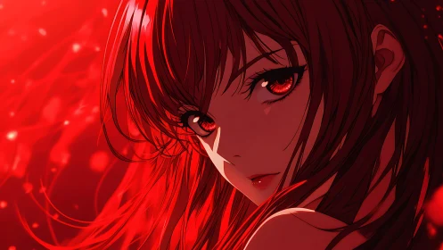 Crimson-eyed anime girl in intense glowing red aura.