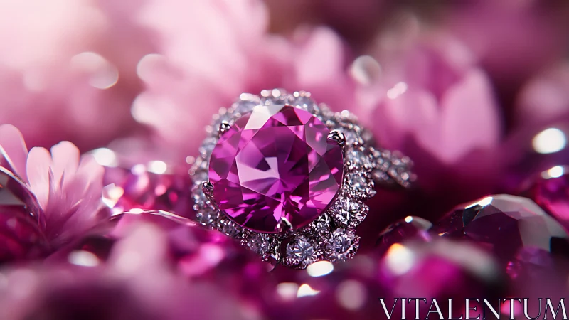 Macro study of faceted magenta gemstone ring with halo diamonds