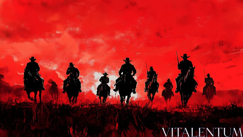 Silhouetted mounted riders traverse a red atmospheric field
