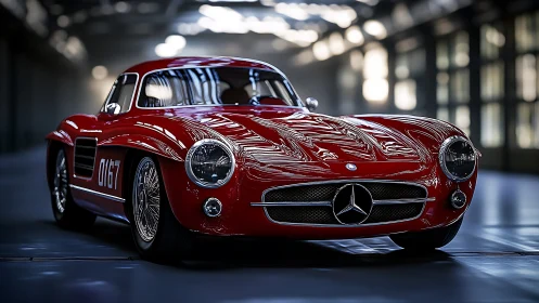 Shiny red classic sports car glowing in soft garage light.