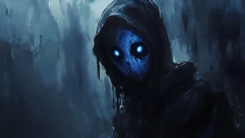 Moonlit wraith with hollow blue stare in drowned shadows.