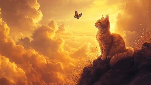 Digital painting of cat and butterfly in golden cloudscape.