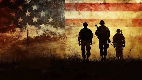 Soldiers stride before weathered United States flag backdrop