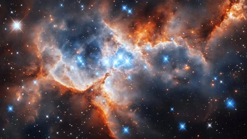 Stellar nursery ablaze with blue embers in cosmic fog.