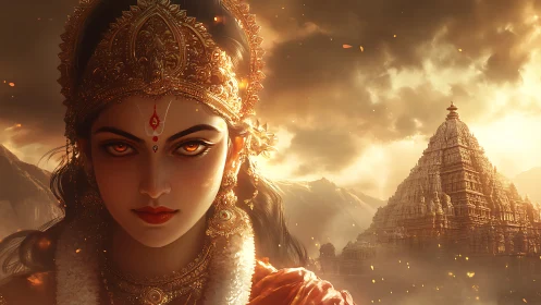 Fire-eyed goddess rises beside a sunlit sacred temple.