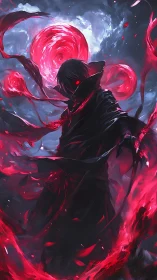 Dark cloaked figure with red energy swirls in stormy sky.