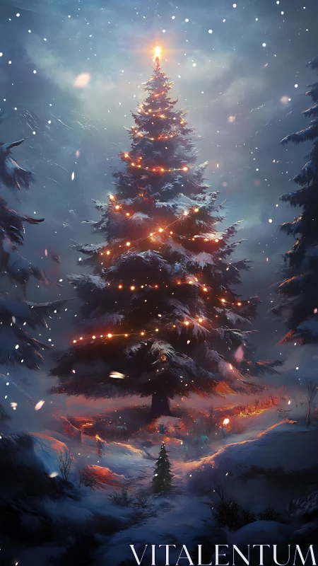 Midwinter beacon tree glows over a snowlit forest hollow.