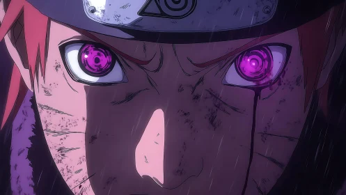 Intense anime warrior stares ahead with glowing violet eyes
