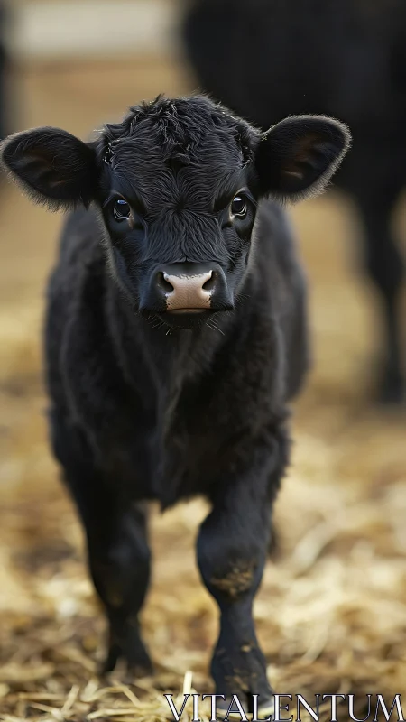 Black calf strides forward over straw in soft farm light.