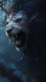 Roaring spectral lion with branching horns in darkness.
