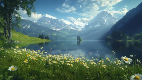 Snowy mountain lake framed by daisies and green valley.