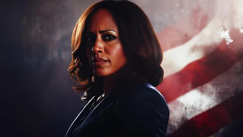 Steadfast leader gazes forward against a bold flag backdrop