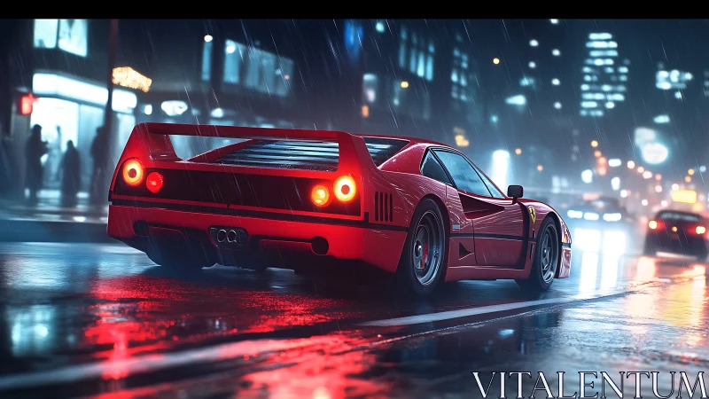 Red sports coupe on wet city street at night in rain.