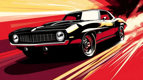 Muscle car illustration with dynamic red motion streaks.