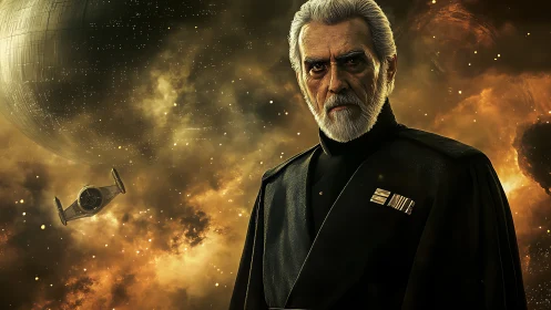 Older man in dark uniform stands before large space station