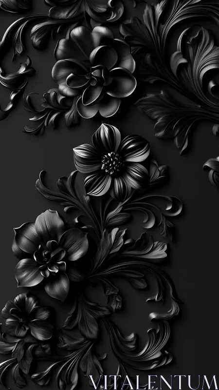 Ornate Floral Relief Sculptures in Monochromatic Black
