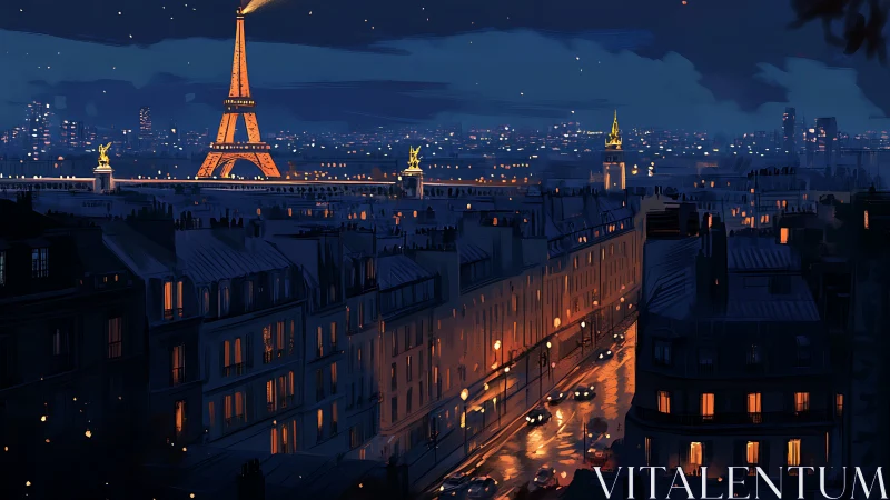 Midnight rain gilds Paris streets beneath a glowing tower.