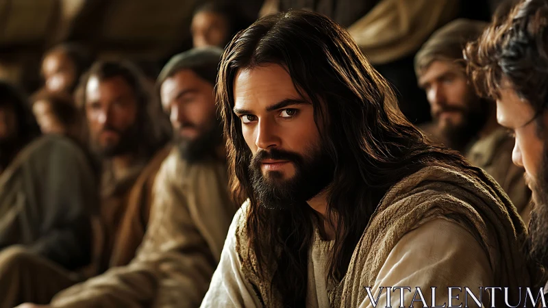 Contemplative long haired man among followers in robes.