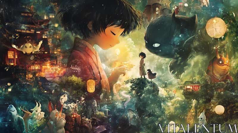 Dreamlike forest spirits encircling child in luminous kimono