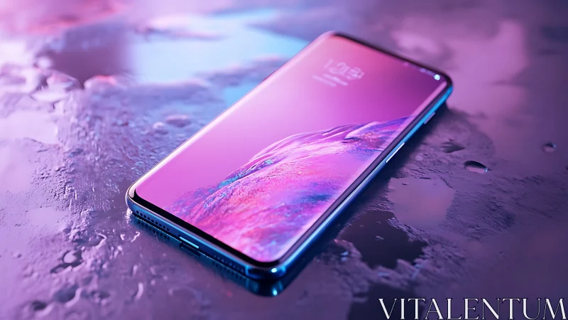 Neon tidal smartphone dreaming on liquid lavender glass.