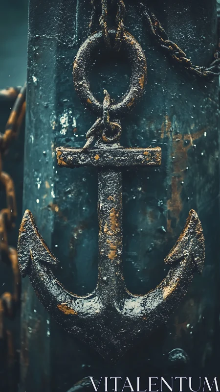 Corroded forged steel anchor against wet painted hull surface