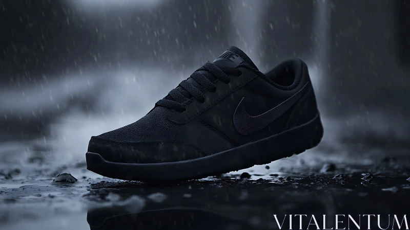 Stormlit black sneaker strides through rain-soaked silence.