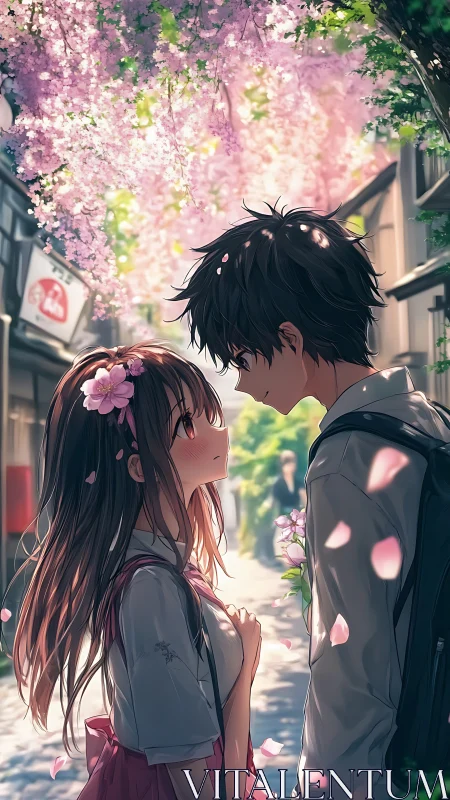 Springtime anime couple beneath cascading cherry blossoms.