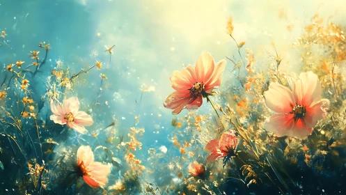 Backlit cosmos flowers blooming against turquoise sky