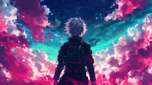 Starlit wanderer gazes into neon clouds and open sky.