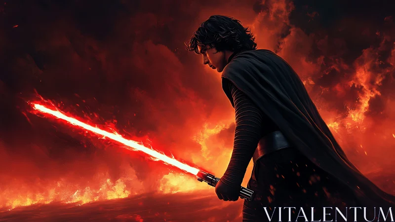 Crimson saber hums through storm-lit ash and molten horizon