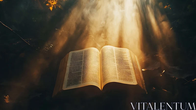 Photographic tableau of illuminated open book in forest chiaroscuro.