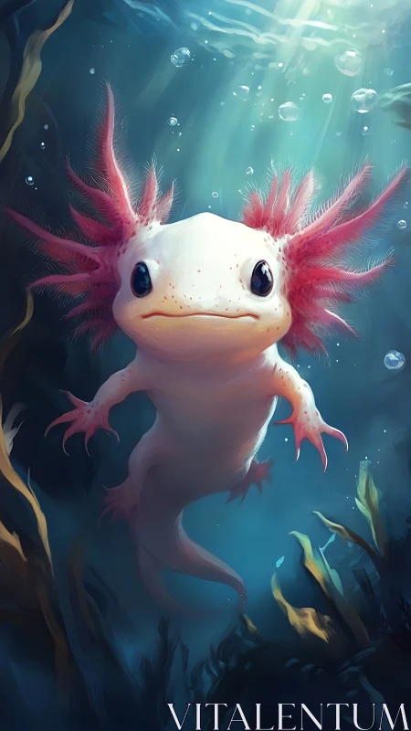 Gentle axolotl drifting through luminous aquatic depths.
