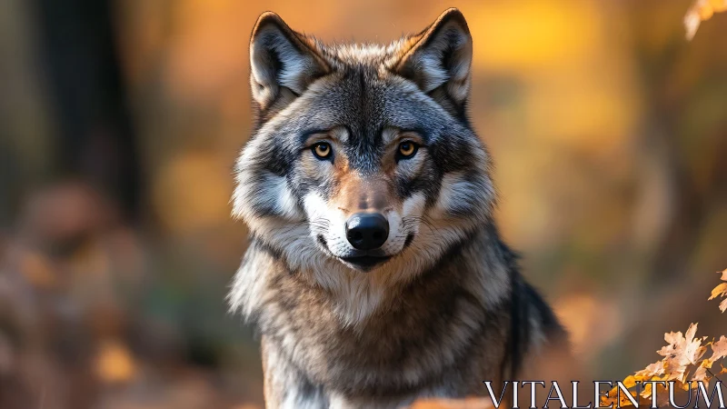 Gray wolf portrait in autumn forest environment focus.
