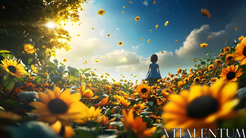 Child in extensive sunflower field under bright sky at dusk.
